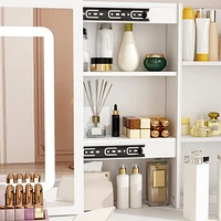 Famapy White Makeup Vanity Set Dresser Table with Dimmable Lighted Mirror, Power Strip and Hair Dryer Holder, 5-Drawers, Stool