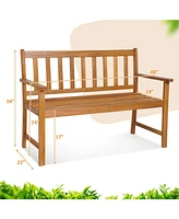 Sugift 2-Person Patio Acacia Wood Bench with Backrest and Armrests