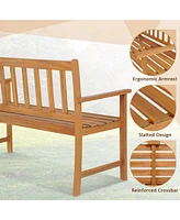 Sugift 2-Person Patio Acacia Wood Bench with Backrest and Armrests