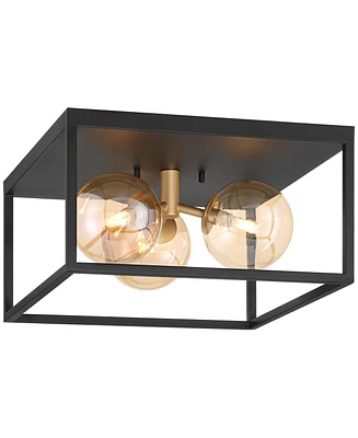 Possini Euro Design Garvin 14 1/2" Modern Flush-Mount Ceiling Light Fixture Kitchen Foyer Hallway 3-Light Led Dimmable Black Glass Metal Bedroom Bathr