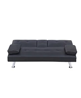 Slickblue Black Leather Multifunctional Double Folding Sofa Bed for Office Use with Coffee Table