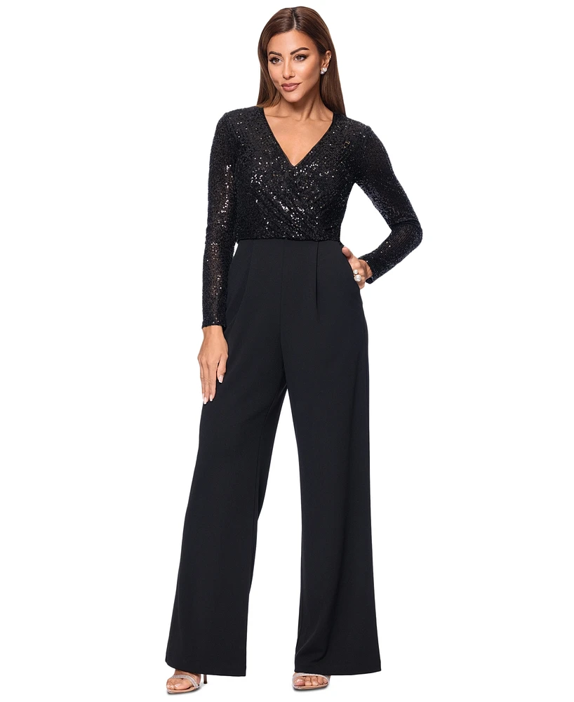 Xscape Women's Sequined-Bodice Straight-Leg Jumpsuit