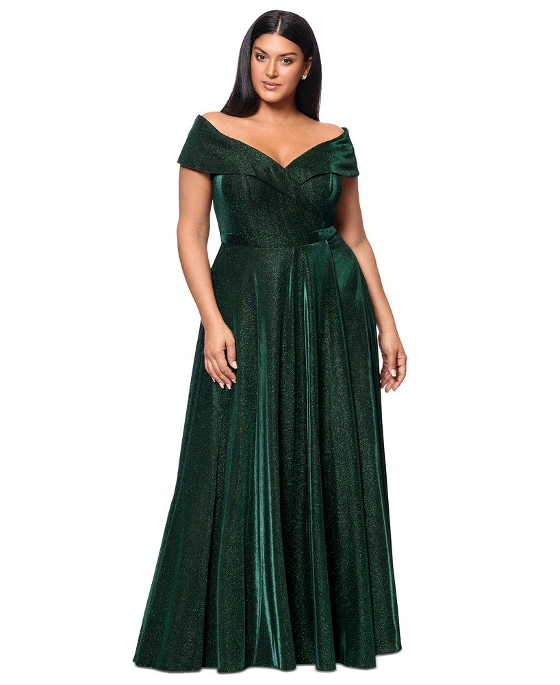 Xscape Plus Off-the-Shoulder Glitter Gown