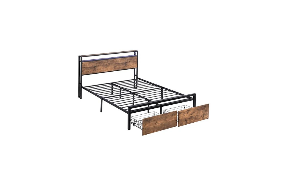 Slickblue Full Size Bed Frame with Storage Headboard, Metal Platform with Charging Station & Bookcase, Black