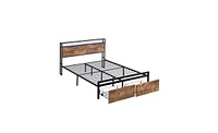 Slickblue Full Size Bed Frame with Storage Headboard, Metal Platform with Charging Station & Bookcase, Black