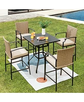 Sugift 5 Pieces Outdoor Rattan Bistro Bar Stool Table Set with Cushions
