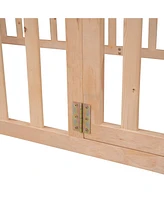 Twin Wood Floor Bed Frame with Fence and Door for Kids