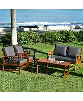 Sugift 4 Pieces Wooden Patio Sofa Chair Set with Cushion