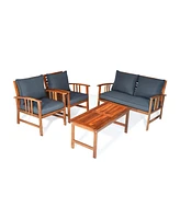 Sugift 4 Pieces Wooden Patio Sofa Chair Set with Cushion