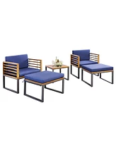 Sugift 5 Piece Patio Acacia Wood Chair Set with Ottomans and Coffee Table