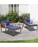 Sugift 5 Piece Patio Acacia Wood Chair Set with Ottomans and Coffee Table