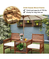 Sugift 3 Pieces Outdoor Patio Table Chairs Set Acacia Wood Loveseat