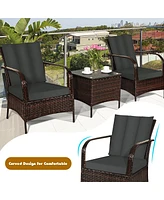 Sugift 3 Pieces Patio Rattan Conversation Set with Glass Top Coffee Table and Cushions