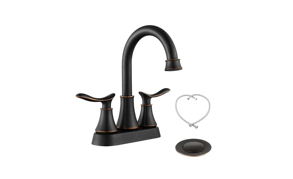 Slickblue 2-Handle 4-Inch Oil Rubbed Bronze Bathroom Faucet for Vanity Sinks, Complete with Pop-Up Drain and Supply Hoses