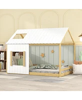 Slickblue Full Size House Bed with Roof and Window, White & Natural Wood Finish, Kids Bedroom Frame