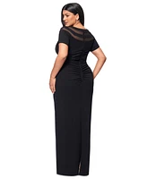 Xscape Plus Illusion Boat-Neck Short-Sleeve Gown