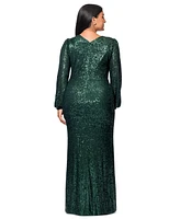 Xscape Plus Sequin Long-Sleeve Side-Slit Gown