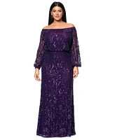 Xscape Plus Sequin Off-The-Shoulder Side-Slit Gown