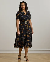 Lauren Ralph Plus Belting-Print Georgette Dress