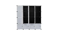 Slickblue 16-Cube Stackable Plastic Organizer, Multifunctional Modular Closet Cabinet with Hanging Rod, White & Black