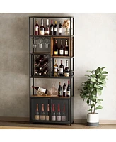 Slickblue 82.7" Industrial Tall Black Bar Wine Rack Cabinet with Glass Holder, Wooden Home Bar Storage Unit