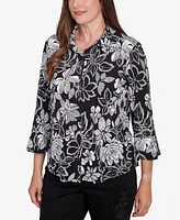 Alfred Dunner Petite Floral Puff Print Button Down Top