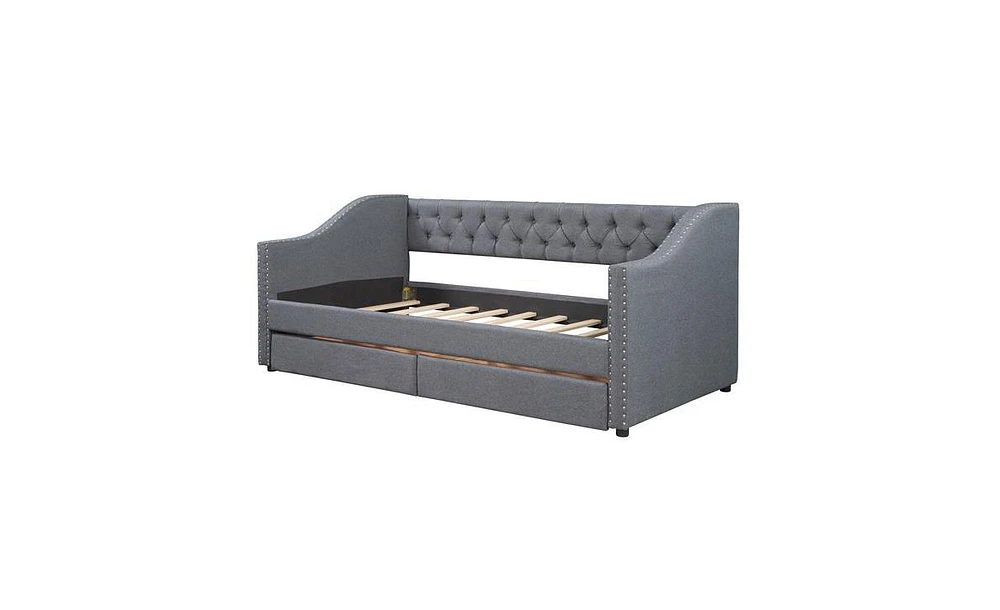 Slickblue Upholstered Twin Size daybed with Two Drawers, Wood Slat Support, Grey