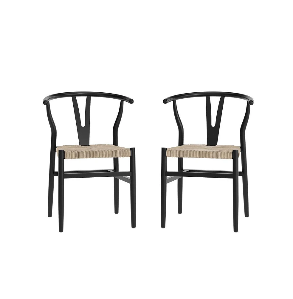 Emma+Oliver Devine Set Of 2 Wishbone Style Wooden Dining Chairs With Kraft Paper Rope Seats, Stackable Design