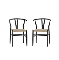 Emma+Oliver Devine Set Of 2 Wishbone Style Wooden Dining Chairs With Kraft Paper Rope Seats, Stackable Design