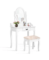 Sugift Wooden Vanity Table Set with Oval Mirror and Cushioned Stool