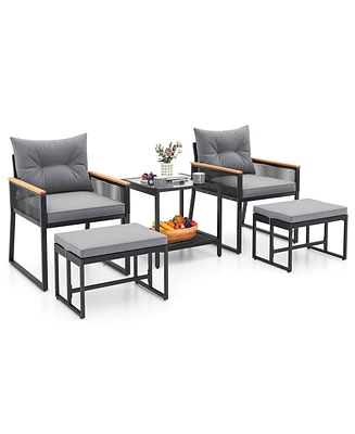 Costway 5 Piece Outdoor Conversation Set Rattan Armchairs with 2-Layer Side Table