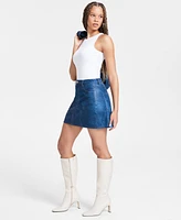 Bar Iii Women's Denim-Finish Faux-Leather Mini Skirt, Exclusively at Macy's