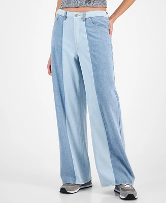 Tinseltown Juniors' High-Rise Wide-Leg Colorblocked Jeans