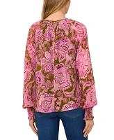 CeCe Women's Long-Sleeve Smocked-Cuff Floral-Print Top