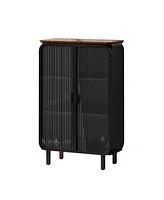 Slickblue 28.35" Modern Two-Door Glass Cabinet with Three-Tier Storage, Unique Fir Top for Entryway & Living Room