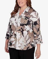 Alfred Dunner Plus Romancing the Stone Shadow Leaf Print Button Front Top