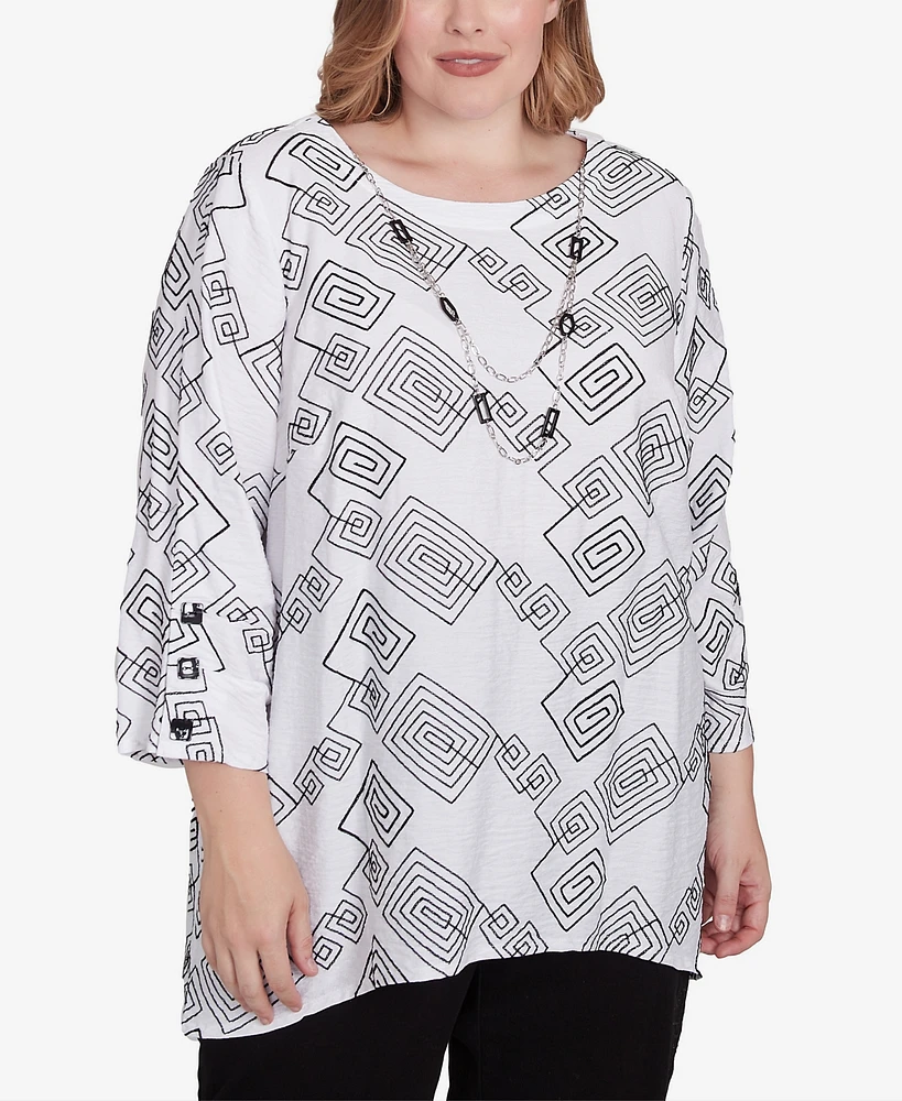 Alfred Dunner Plus Wild at Heart Geometric Woven Top with Necklace