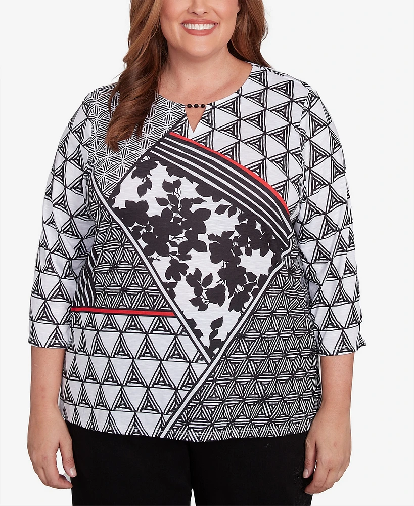 Alfred Dunner Plus Wild at Heart Geometric Multi Textured Patchwork Top