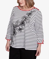 Alfred Dunner Plus Wild at Heart Striped Floral Flared Sleeve Top