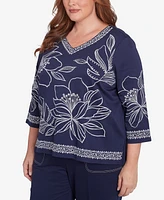 Alfred Dunner Plus Block Island Dynamic Floral Embroidered V-Neck Top