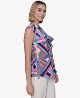 Karl Lagerfeld Paris Women's Crepe Geo-Print Tie-Neck Blouse