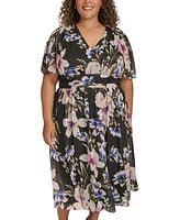 Calvin Klein Plus Floral-Print Flutter-Sleeve Chiffon Dress