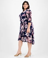 Connected Plus 3/4-Sleeve Ruffle-Trimmed Wrap Dress