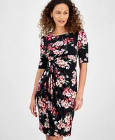 Connected Petite Ruched Side-Tab Elbow-Sleeve Dress