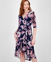 Connected Petites Floral-Print Ruffled 3/4-Sleeve Dress