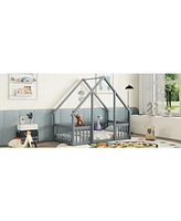 Streamdale Furniture Twin Wood House-Shaped Floor Bed with Fence, Guardrails, Grey