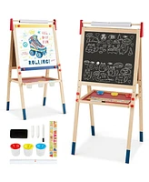 Gouun All-in-One Wooden Height Adjustable Kid's Art Easel with Magnetic Stickers and Paper