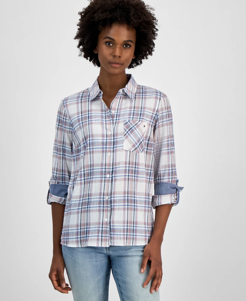 Tommy Hilfiger Women's Plaid Contrast Roll-Tab Shirt