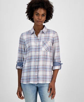 Tommy Hilfiger Women's Plaid Contrast Roll-Tab Shirt