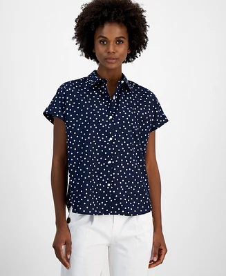 Tommy Hilfiger Women's Cotton Dot-Print Short-Sleeve Camp Shirt